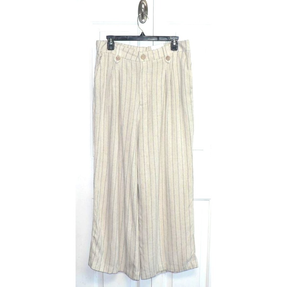 Jules & Leopold Casual Women's Wide‎ Leg Linen Blend Crop Pants Beige Stripe LG